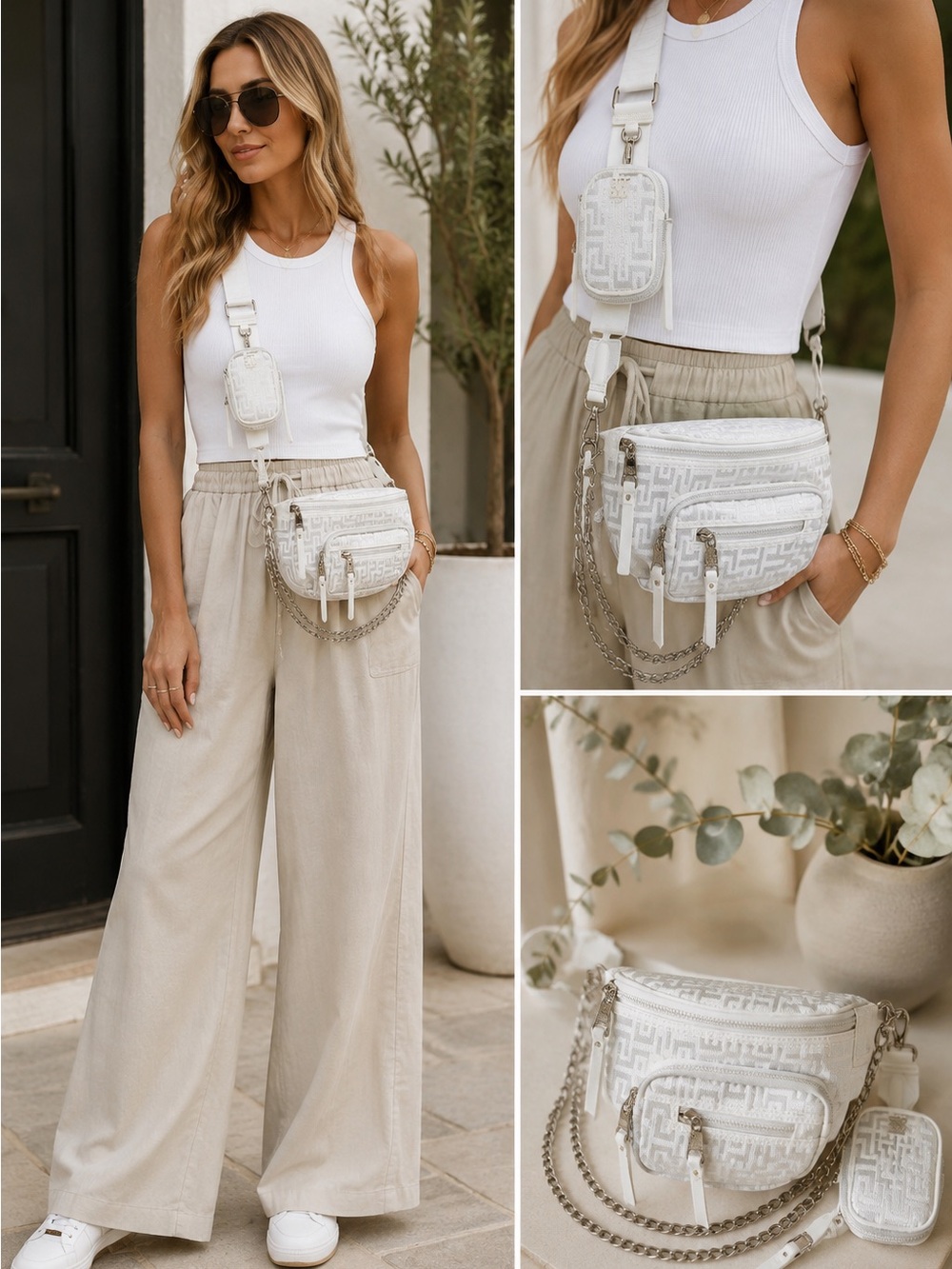 Steve Madden White Embossed Crossbody Bag with Chain